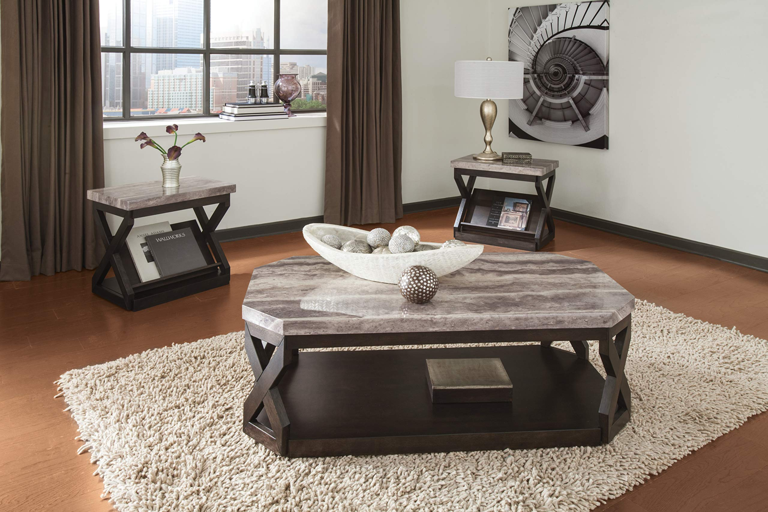 【Furniture】Faux Marble 3-Piece Table Set, Includes Coffee Table & 2 End Tables, Gray & Brown