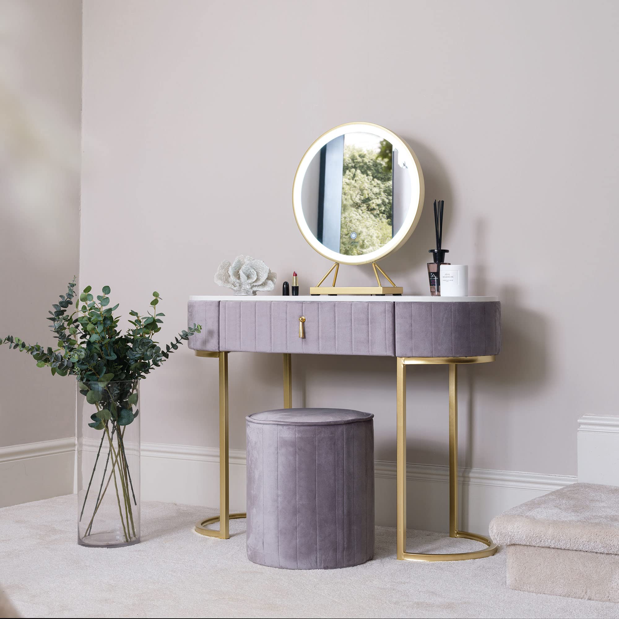 【Furniture】Velvet Dressing Table with LED Light Mirror Touch Sensor 1 Drawer Stool Set Bedroom Modern Dresser
