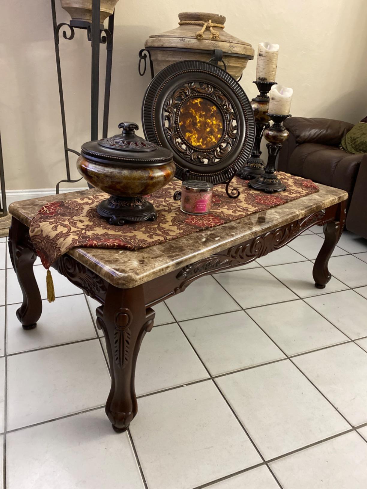 【Furniture】3-Piece Traditional Faux Marble Top Accent Tables Set, Dark Oak