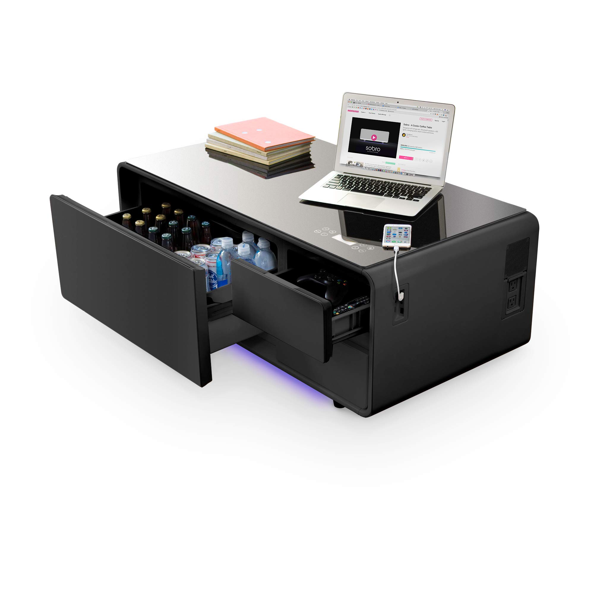【Furniture】Coffee Table with Built in Fridge, Speakers, Outlets, LED Light, and More - Black