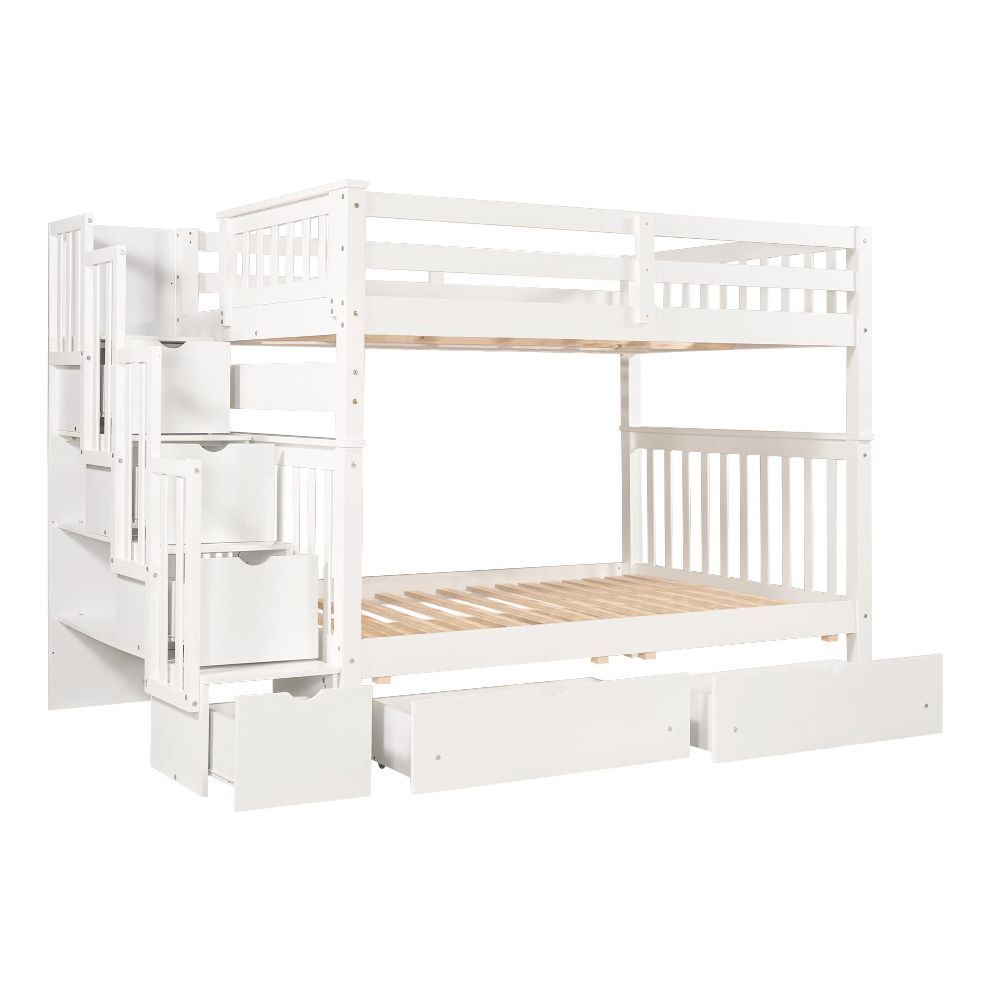 【Furniture】Full Over Full Bunk Bed with Shelves, Stairway Bunk Bed Full Size with 6 Storage Drawers