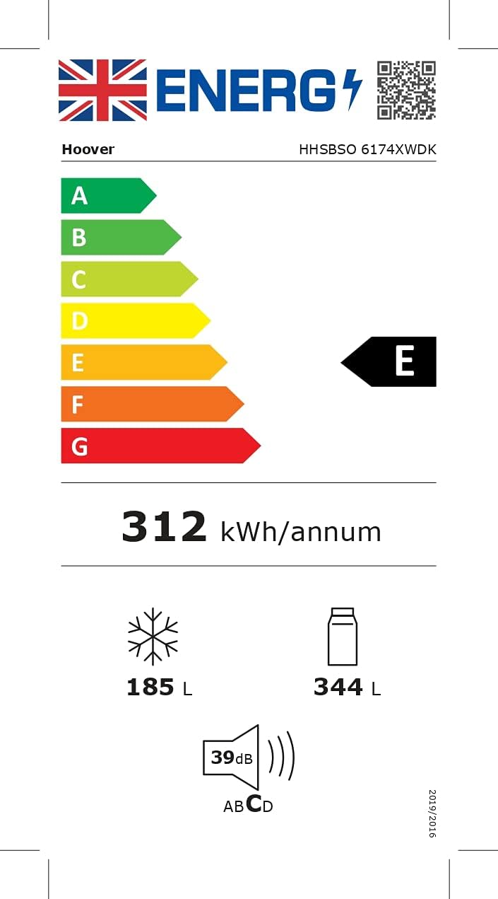 Hoover HHSBSO6174XWDK Freestanding  Fridge Freezer, Total No Frost, 521L Total Capacity, 90.2cm Wide, No Plumbing Water Dispenser, Stainless Steel [Energy Class E]