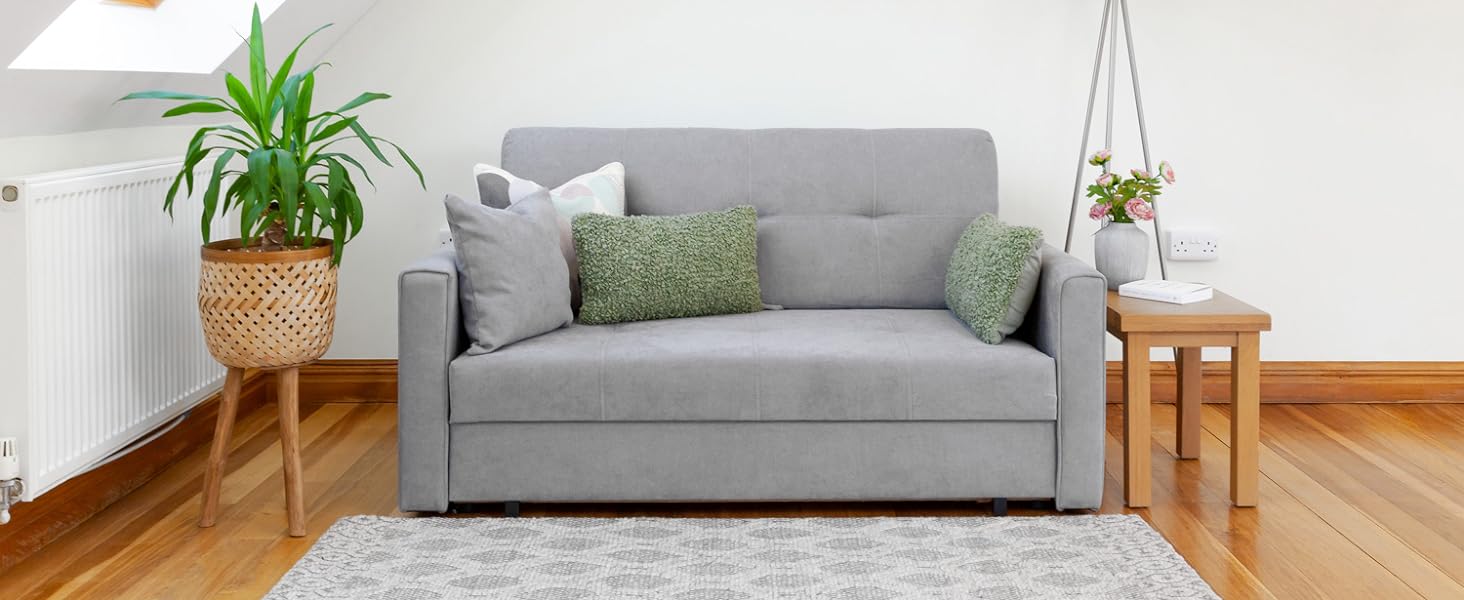 Honeypot Sofabed - Viva 2 Seater Sofabed with Storage - Grey Velvet Fabric Couch with Pull Out Double Sofabed | Setup Included | Made in EU | Built to Last (2 Seater, Plush Grey)