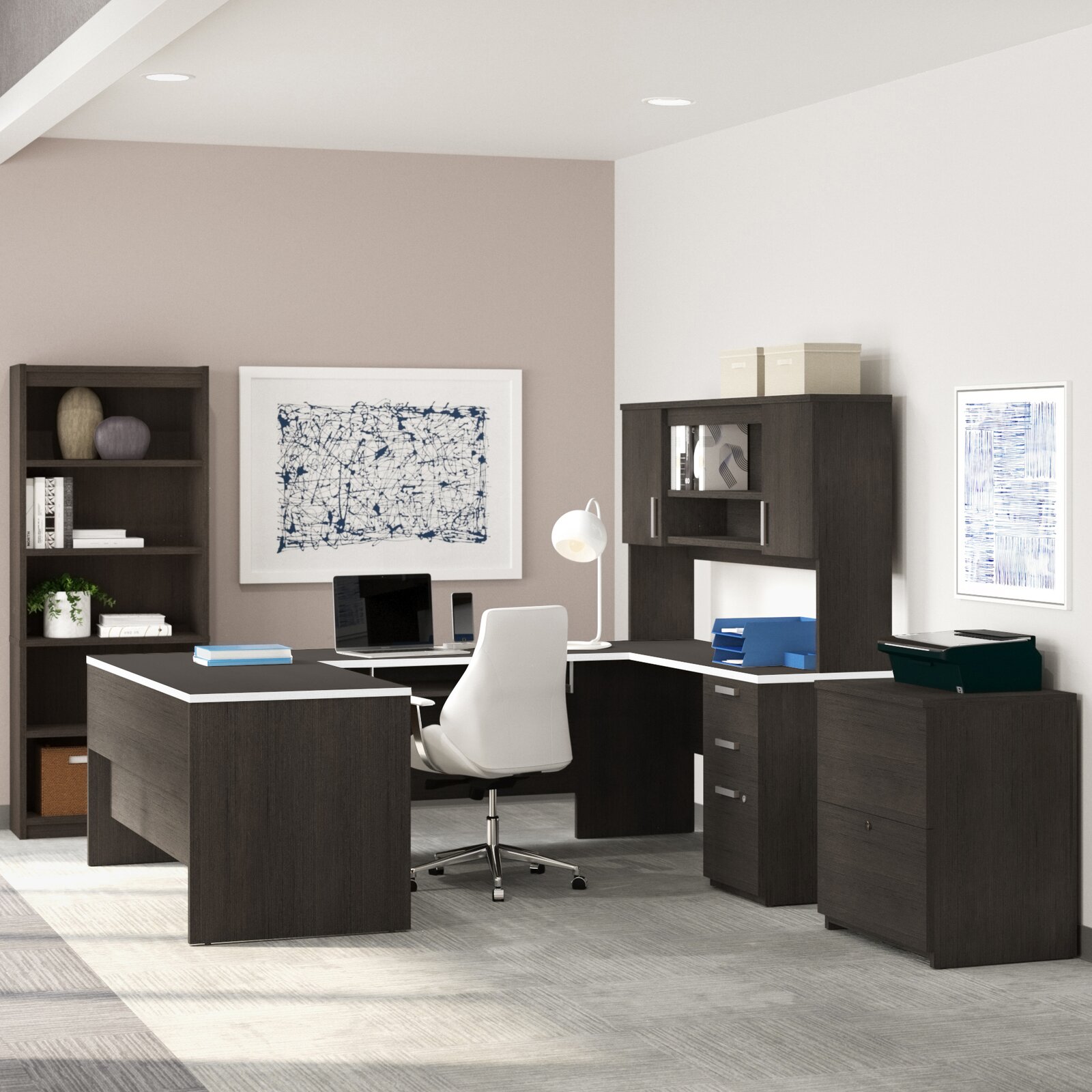 【Furniture】Chanice 4 Piece U-Shape Computer Desk Office Set with Hutch