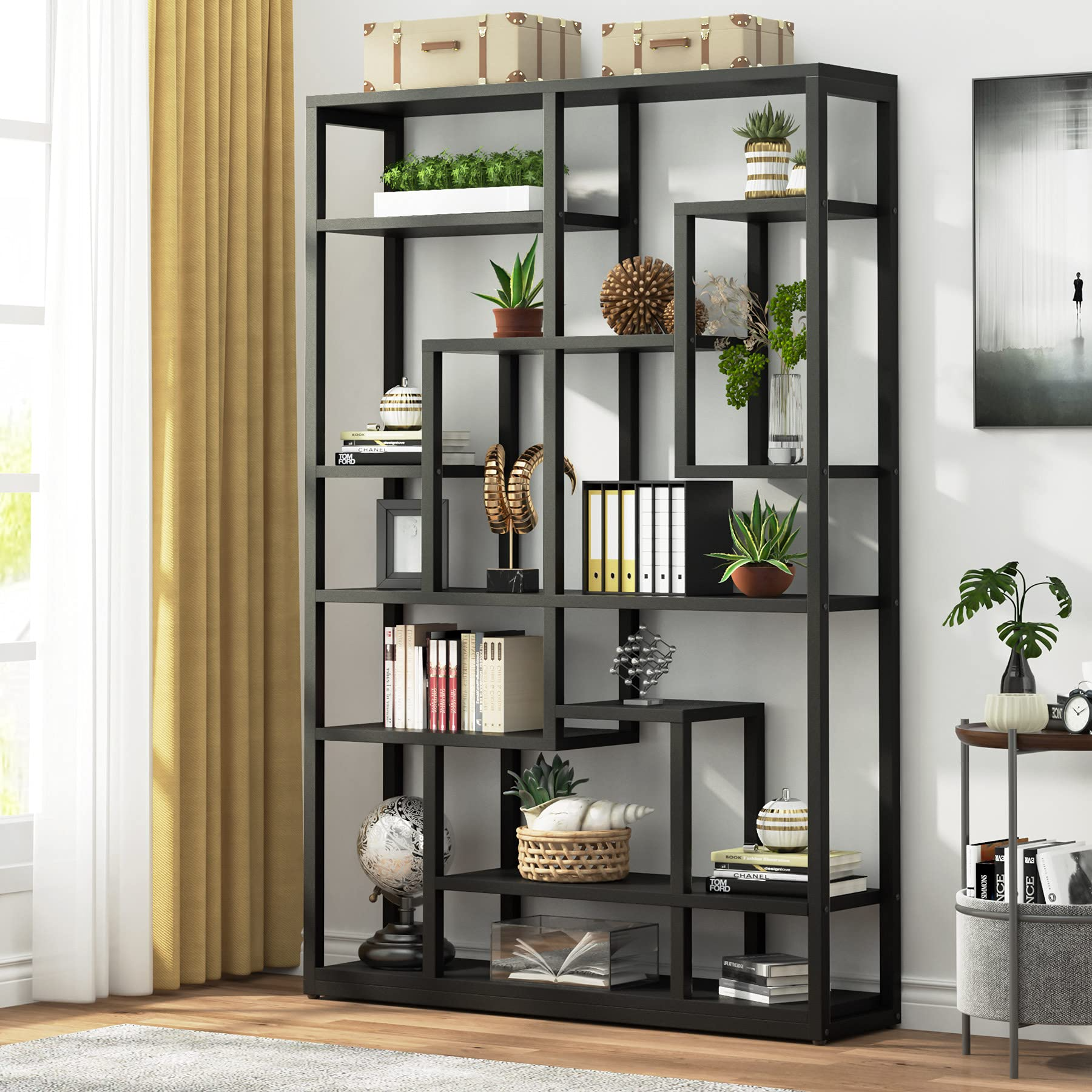 【Furniture】Black Bookshelf 47” Bookcase 9 Tier Tall Book Shelf Rustic Geometric Bookcase Display Shelf Organizer