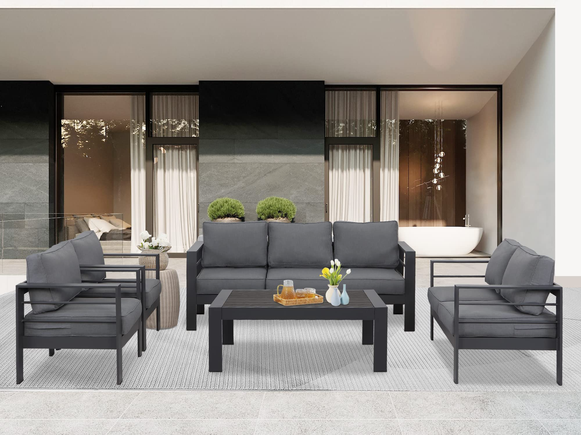 【Furniture】Aluminum Outdoor Patio Furniture Set, Outdoor Sectional Metal Sofa with 5" Cushion & Coffee Table