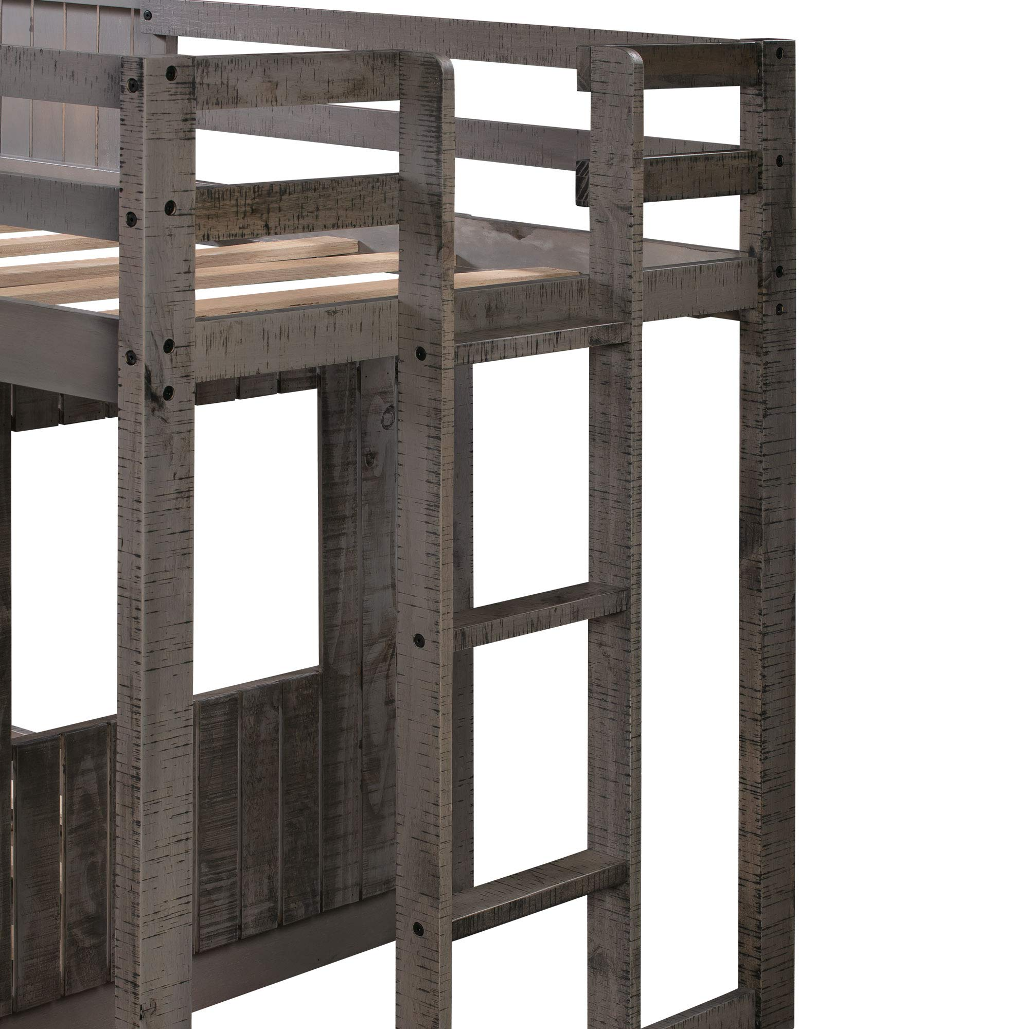 【Furniture】Low Bunk Beds Full Over Full Size, Wood Bunk Beds with Roof & Guard Rail for Kids