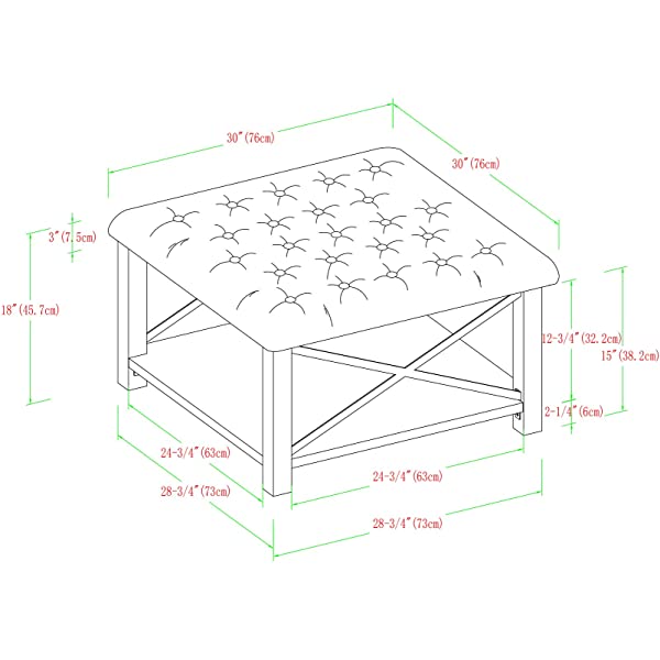 Walker Edison Cambridge Modern Farmhouse Metal X Tufted Ottoman, 30 Inch, Grey Grey Upholstered Ottoman