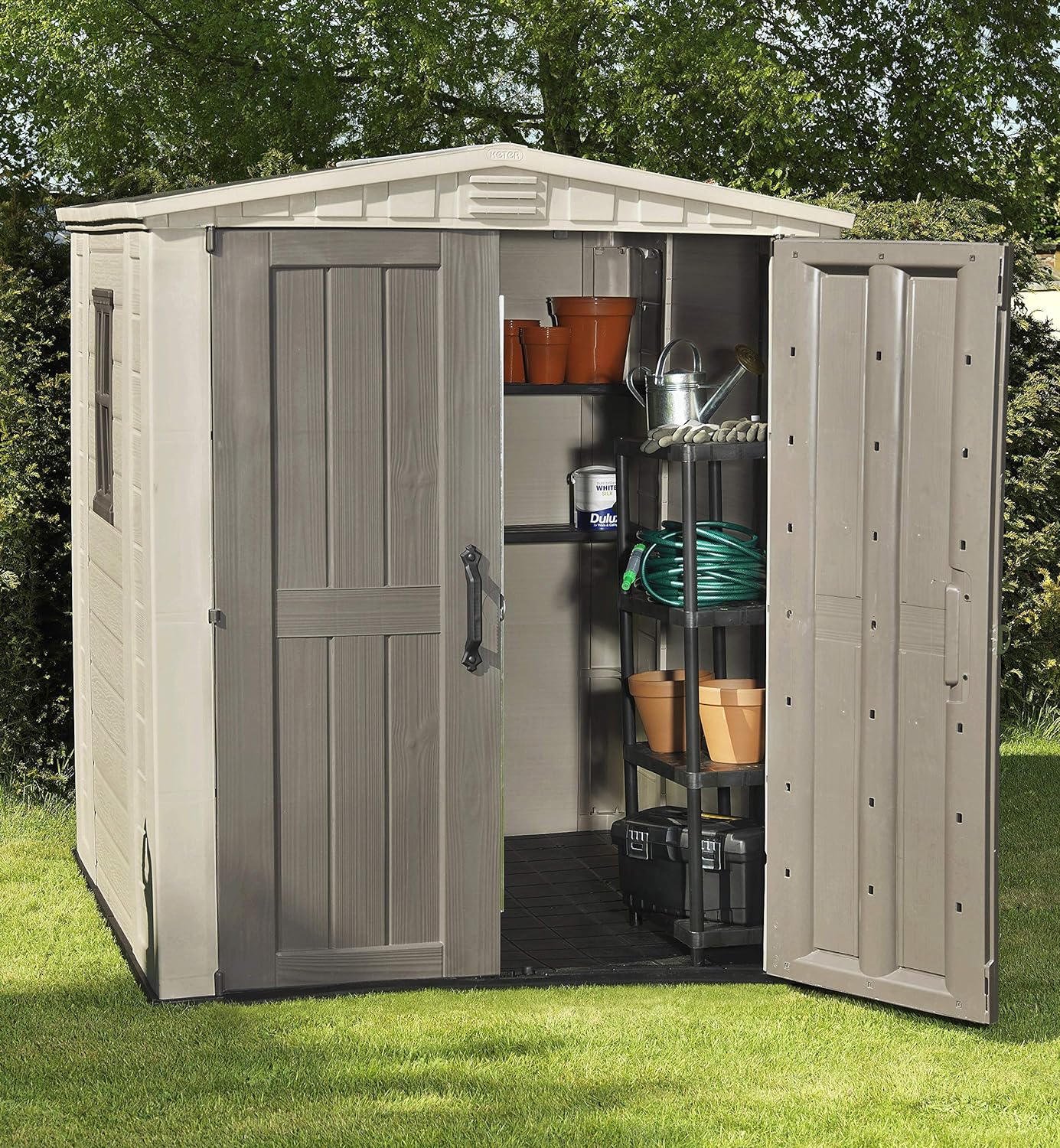 Keter Factor Outdoor Garden Storage Shed, Beige, 6 x 6 ft