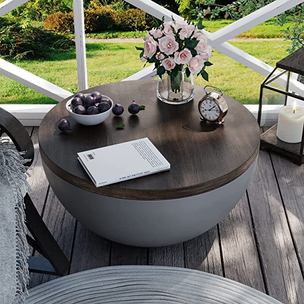 COSIEST Outdoor Bowl-Shaped Coffee Table, Masonry & Mahogany Colored Side Table 31.5’’W x 15.8‘’H, Light Weight Centerpiece Table for Home Decor