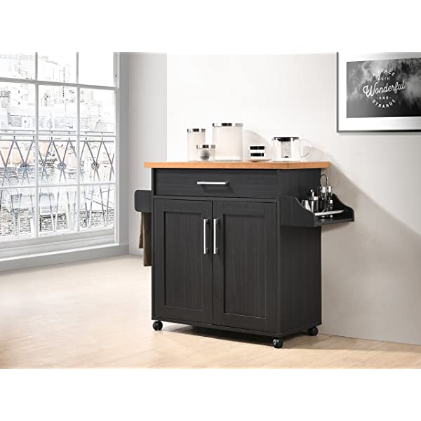 Hodedah Kitchen Island with Spice Rack, Towel Rack & Drawer, Black with Beech Top Black-beech