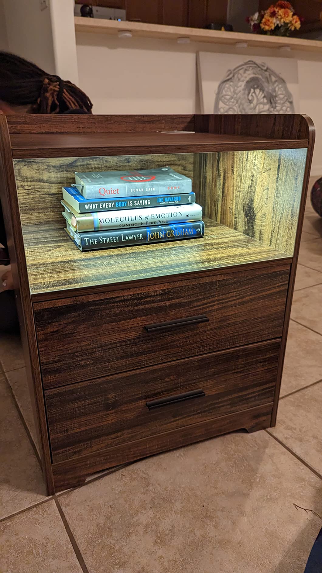 【Furniture】Black Nightstand with Charging Station, Night Stands with 2 Drawers, Smart Nightstand Bedside Table Led