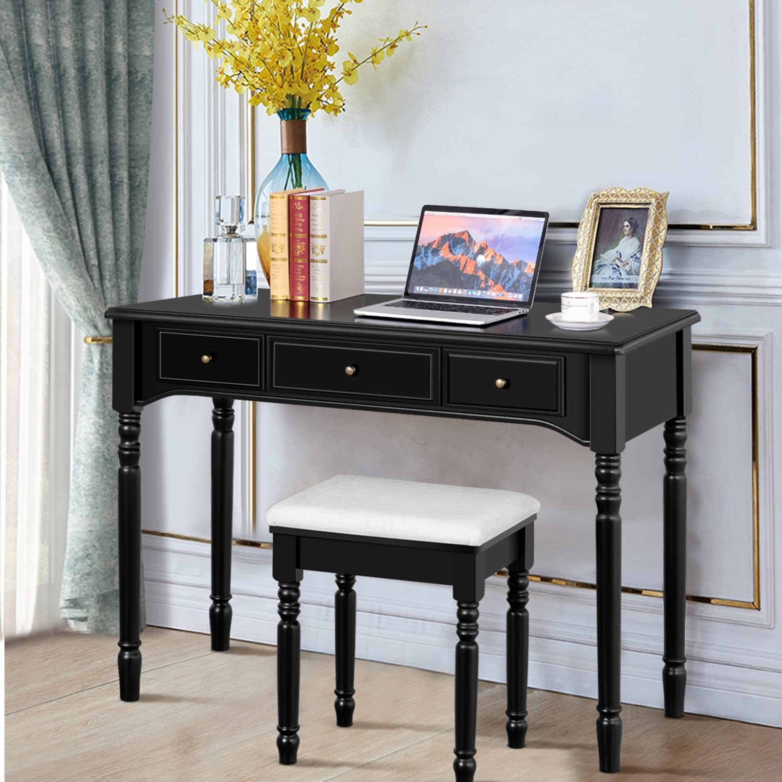 【Furniture】Vanity Desk Set, Dressing Table with Trifold Mirror, 8 Necklace Hooks, 7 Drawers