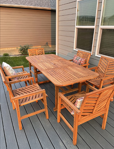 6 PERSON OUTDOOR WOODEN V-SHAPED PATIO FURNITURE DINING TABLE SET EXTENDABLE TABLE AND CHAIRS ALL WEATHER CONVERSATION GARDEN POOL SIDE BALCONY, 7 PIECES