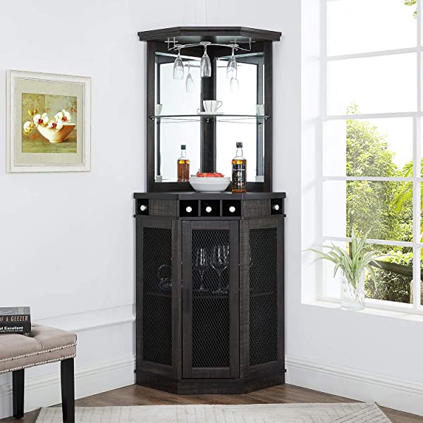 Home Source Stone Grey Corner Bar Unit with Built-in Wine Rack and Lower Cabinet