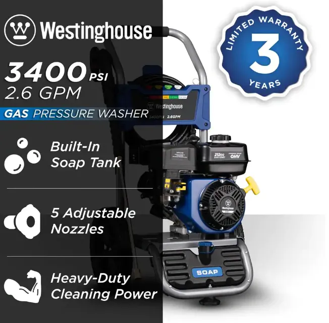 3400 PSI 2.6 GPM Gas Powered Axial Cam Pump Cold Water Pressure Washer with Soap Tank and 5 Quick Connect Tips
