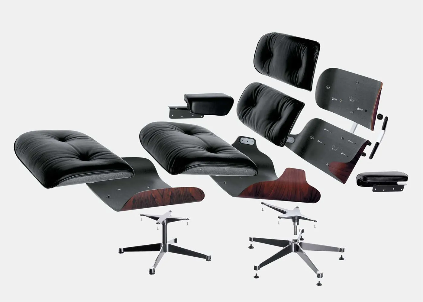 Eames Lounge Chair & Ottoman Santos Palisander & Black Leather in New Dimensions