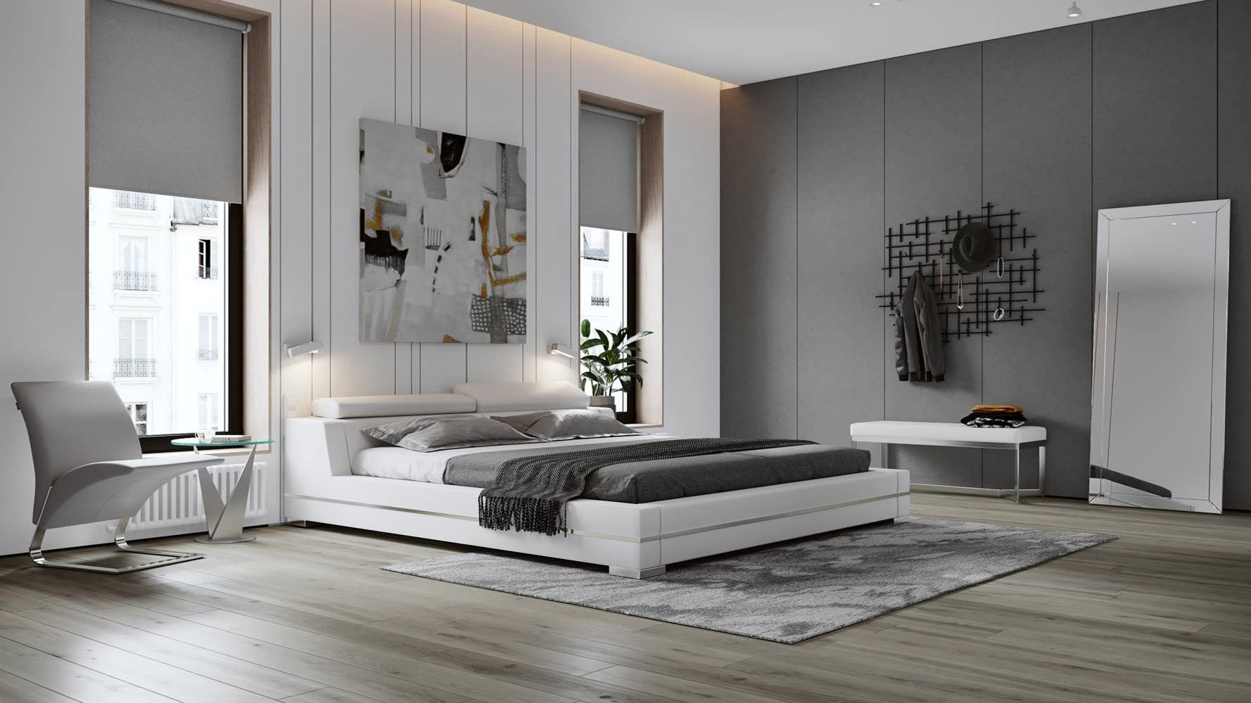 【Furniture】Hera Genuine White Leather Platform Bed with Adjustable Headrests - King
