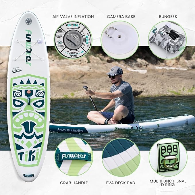 FunWater Inflatable Stand UP Paddle Board Ultra-Light Green Pink Everything Included ISUP, Adj Paddle, Pump, SUP Backpack, Leash, Waterproof Bag, Non-Slip Deckpad Youth