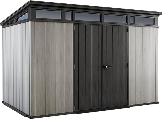 Keter Artisan Outdoor Pent Double Door Garden Storage Shed 11 x 7ft Grey Duotech+ Wood Look and Feel Fade Free All Weather Resistant Safe and Secure Zero Maintenance