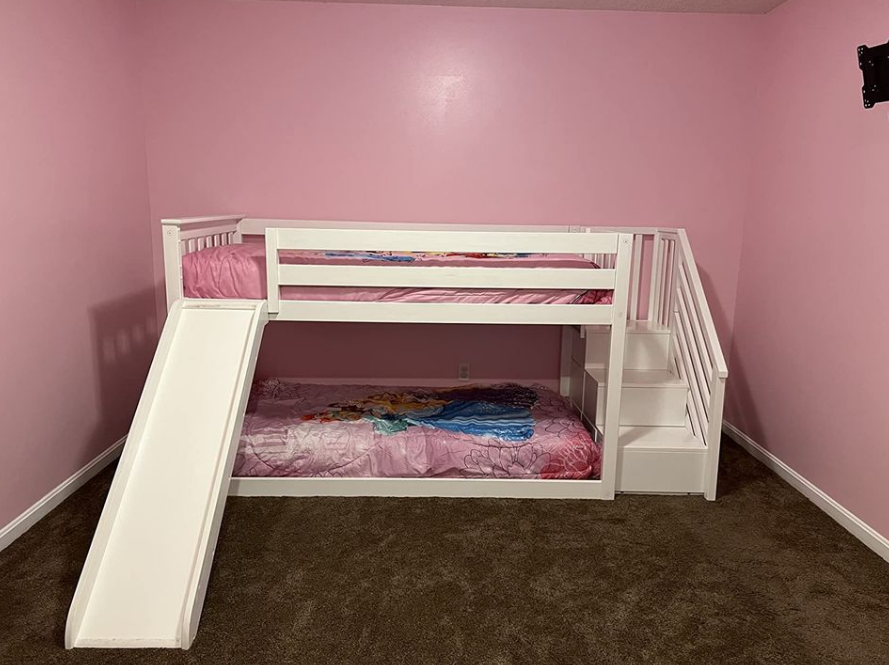 Low Bunk Bed, Twin-Over-Twin Bed Frame for Kids with Stairs & Slide, Clay