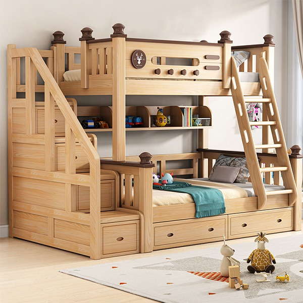 Double bunk bed, convertible into two independent solid rubber wood beds.