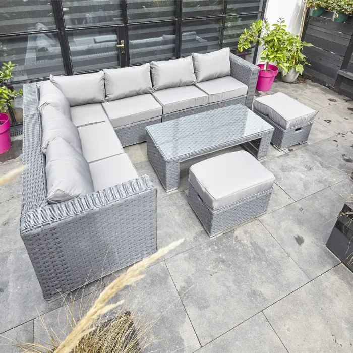 PAPAVER 8 SEATER RATTAN FURNITURE GARDEN SOFA SET IN GREY