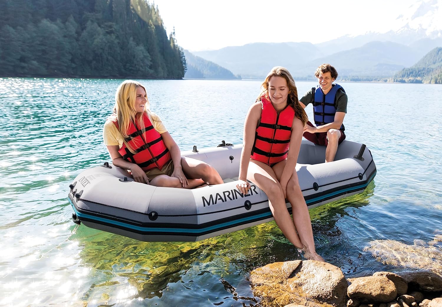 INTEX 68376EP Mariner 4 Inflatable Boat Set: Includes Deluxe 54in Aluminum Oars and High-Output Pump – SuperTough PVC – Inflatable Thwart Seats – 4-Person – 1100lb Weight Capacity