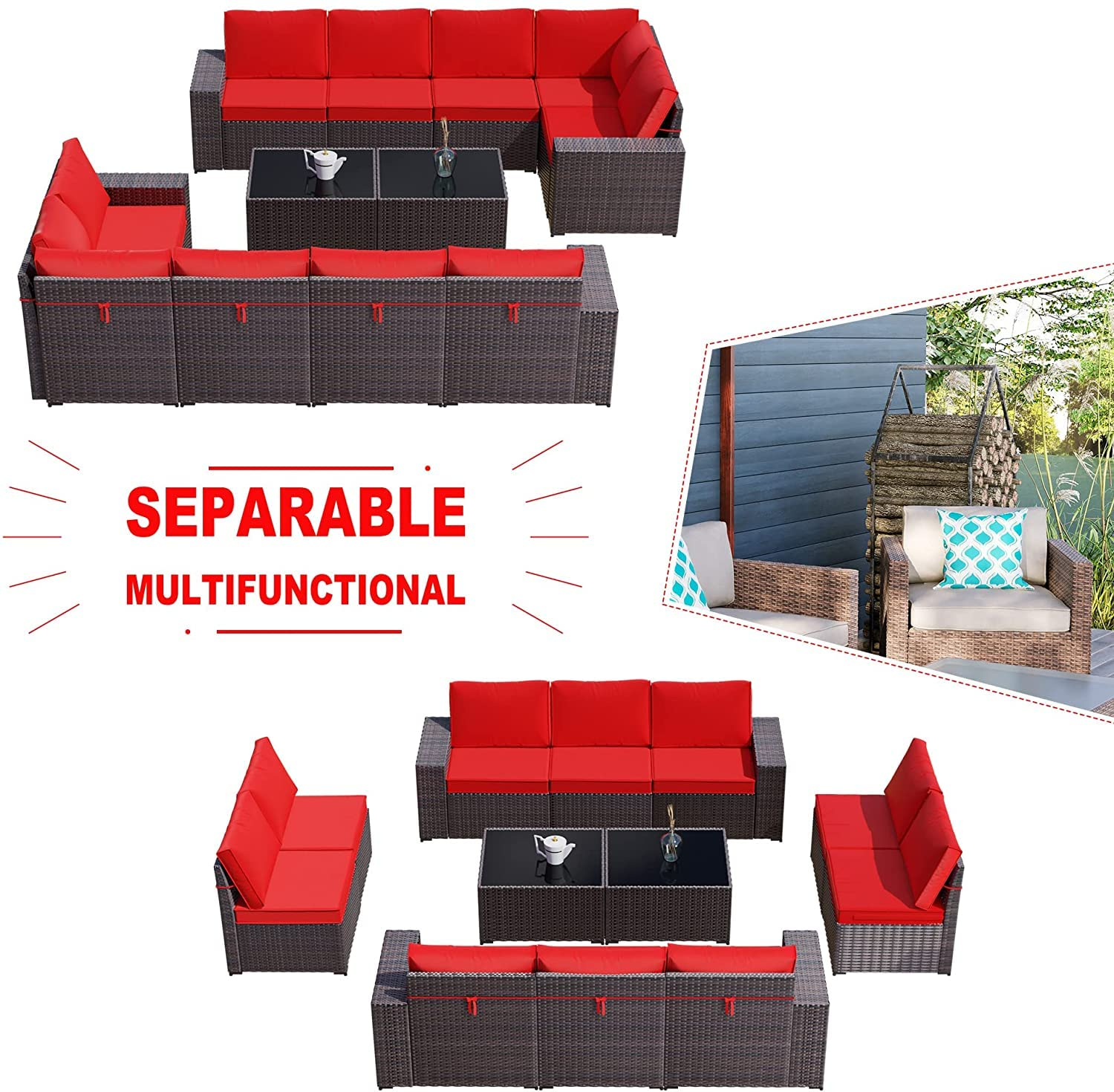 【Furniture】Outdoor Patio Furniture Set 12-Pc Sectional Rattan Sofa Set Brown PE Wicker Patio Conversation Set