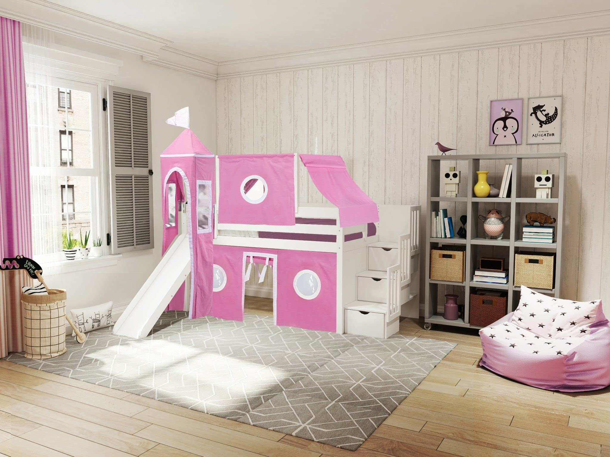 【Furniture】Princess Low Loft Stairway Bed with Slide Pink & White Tent & Tower, Loft Bed, Twin, White