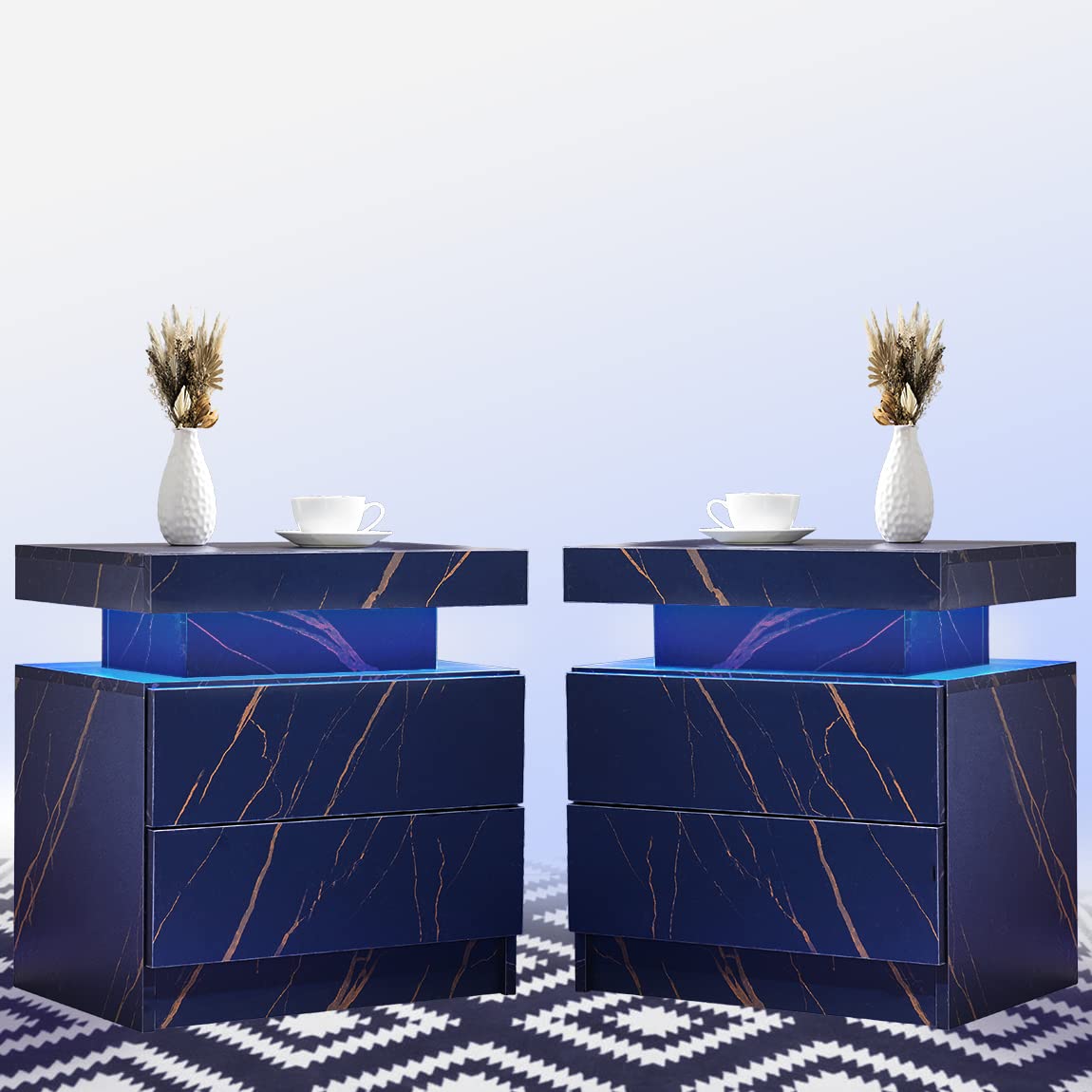 【Furniture】Nightstand Set of 2 LED Nightstand with 2 Drawers, Bedside Table with Drawers for Bedroom Furniture