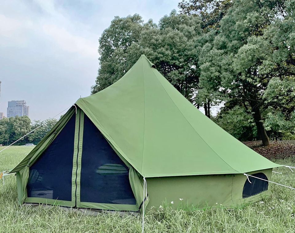 Breathable 100% Cotton Canvas Bell Tent, Waterproof Large Tents w Sturdy Center & Door Pole.