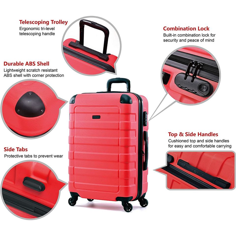 Hipack Prime Suitcases Hardside Luggage with Spinner Wheels, Red, 3-Piece Set (202428)