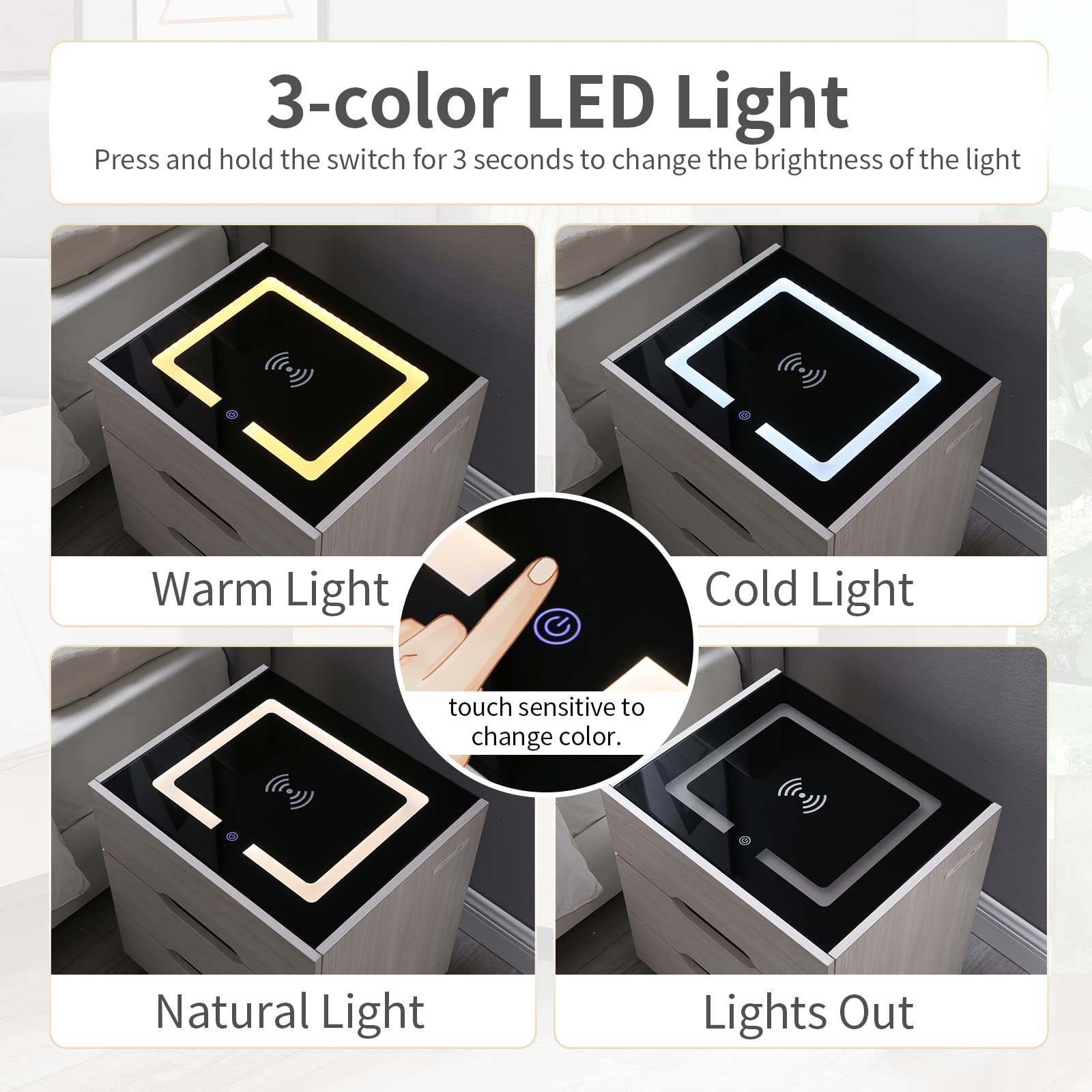 【Furniture】Nightstands Wireless Charging Station and LED Lights, Modern End Side Table with 3 Drawer