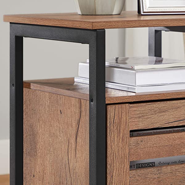 VASAGLE Nightstand, End Table with Open Shelf, Steel Frame, Bedroom, Industrial, Rustic Brown + Black
