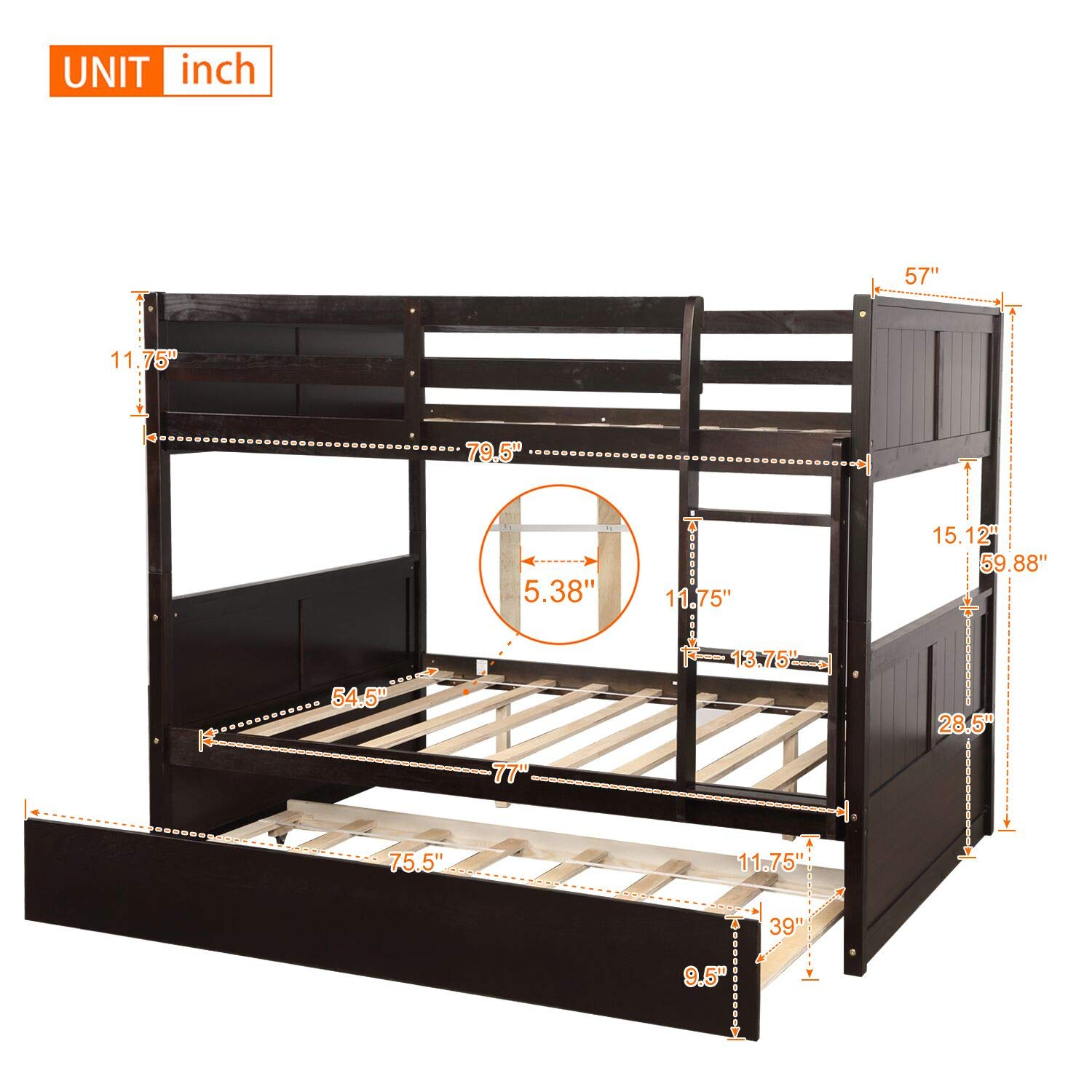 【Furniture】Full Over Full Bunk Bed for Kids Teens, Detachable Wood Full Bunk Bed Frame with Trundle