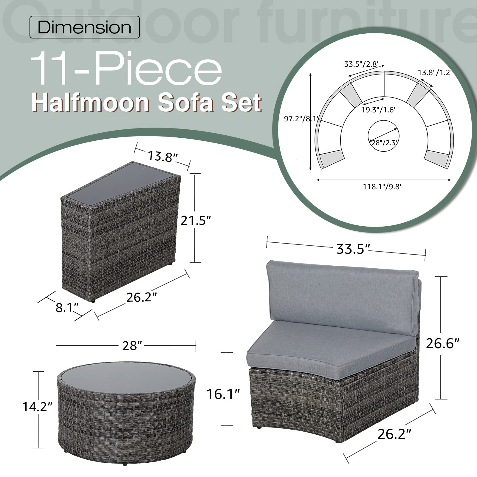 【Home&Garden】Outdoor Patio Furniture 11-Piece Half-Moon Sectional Round Patio Furniture Set