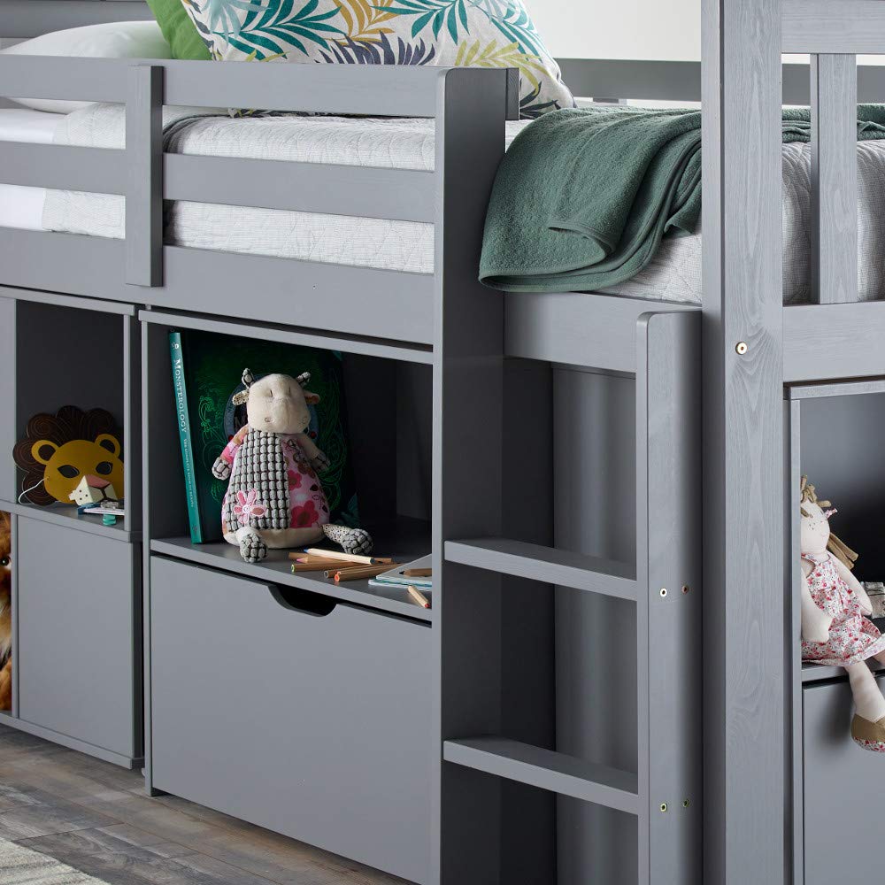 【Furniture】Milo Grey Wooden Mid Sleeper Kids Bunk Bed with Pocket Sprung Mattress 3' Single 90x190 cm