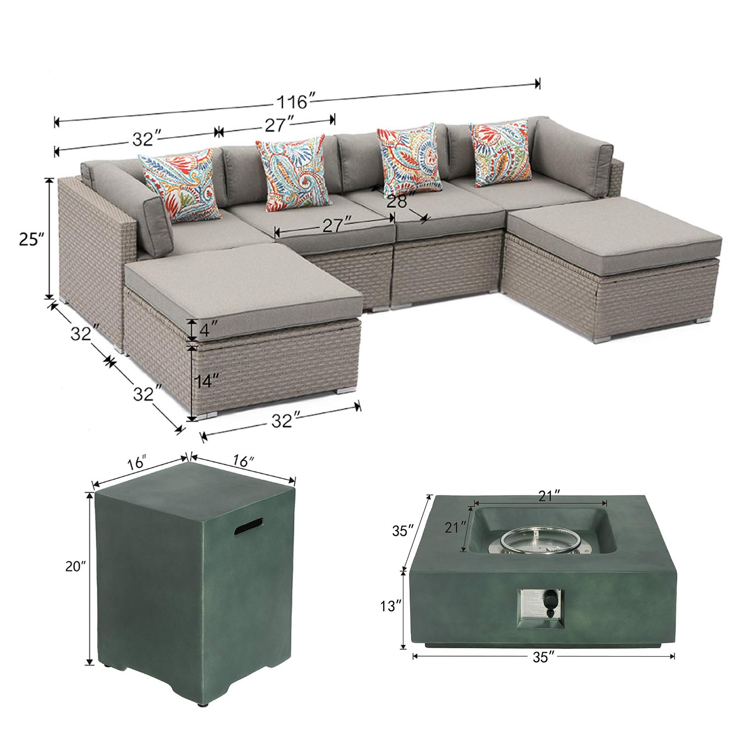 【Home&Garden】8-Pc Fire Pit Table Outdoor Furniture Sofa, Wicker Cushion Sectional w Celadon Fire Heater