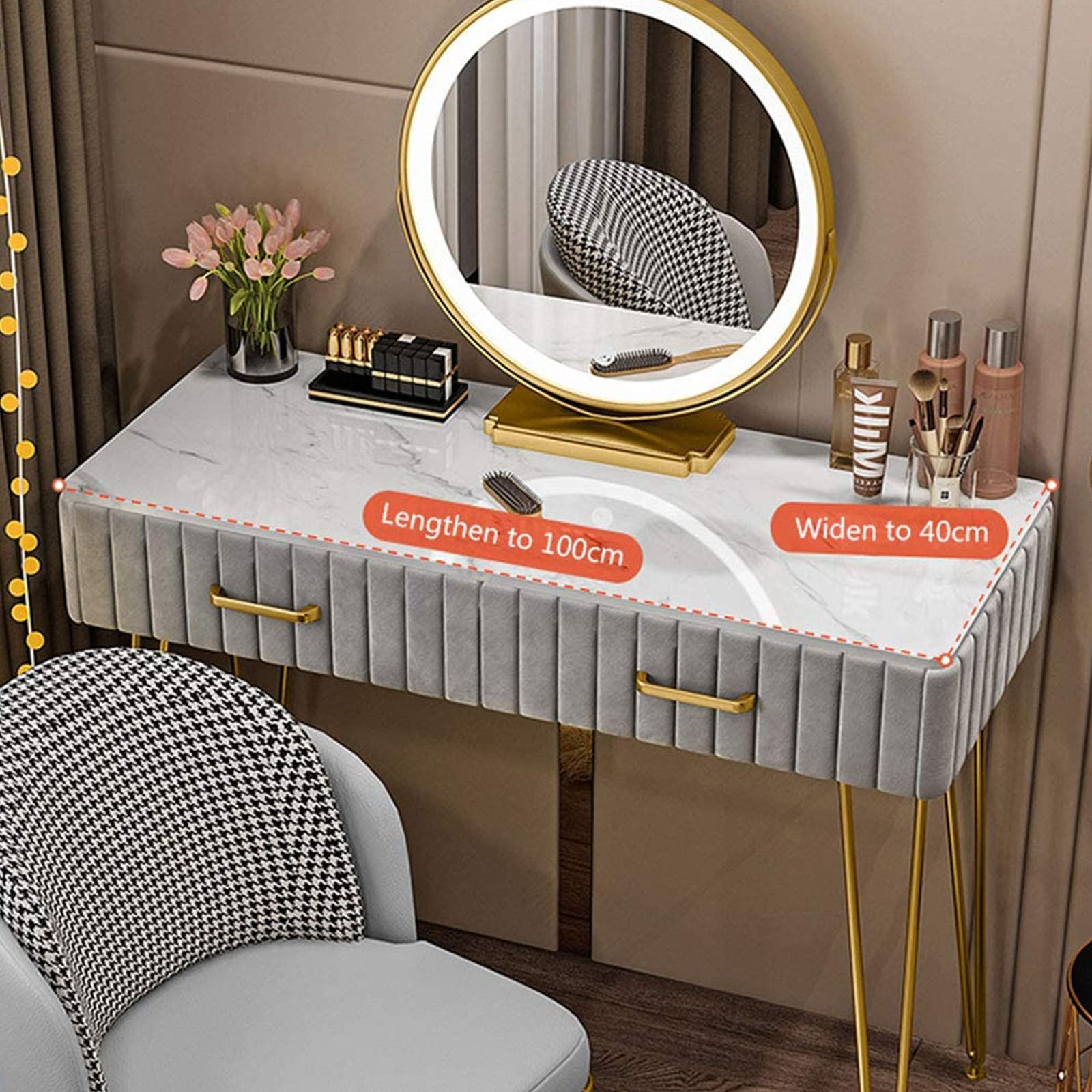 【Furniture】Marble Dresser Set with Illuminated LED Touch Screen Dimmable Round Mirror Makeup Cabinet