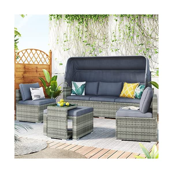 Lazyspace 5 Pieces Outdoor Sectional Patio Rattan Sofa Set Rattan Daybed, PE Wicker Conversation Furniture Set w/Canopy and Tempered Glass Side Table, Gray
