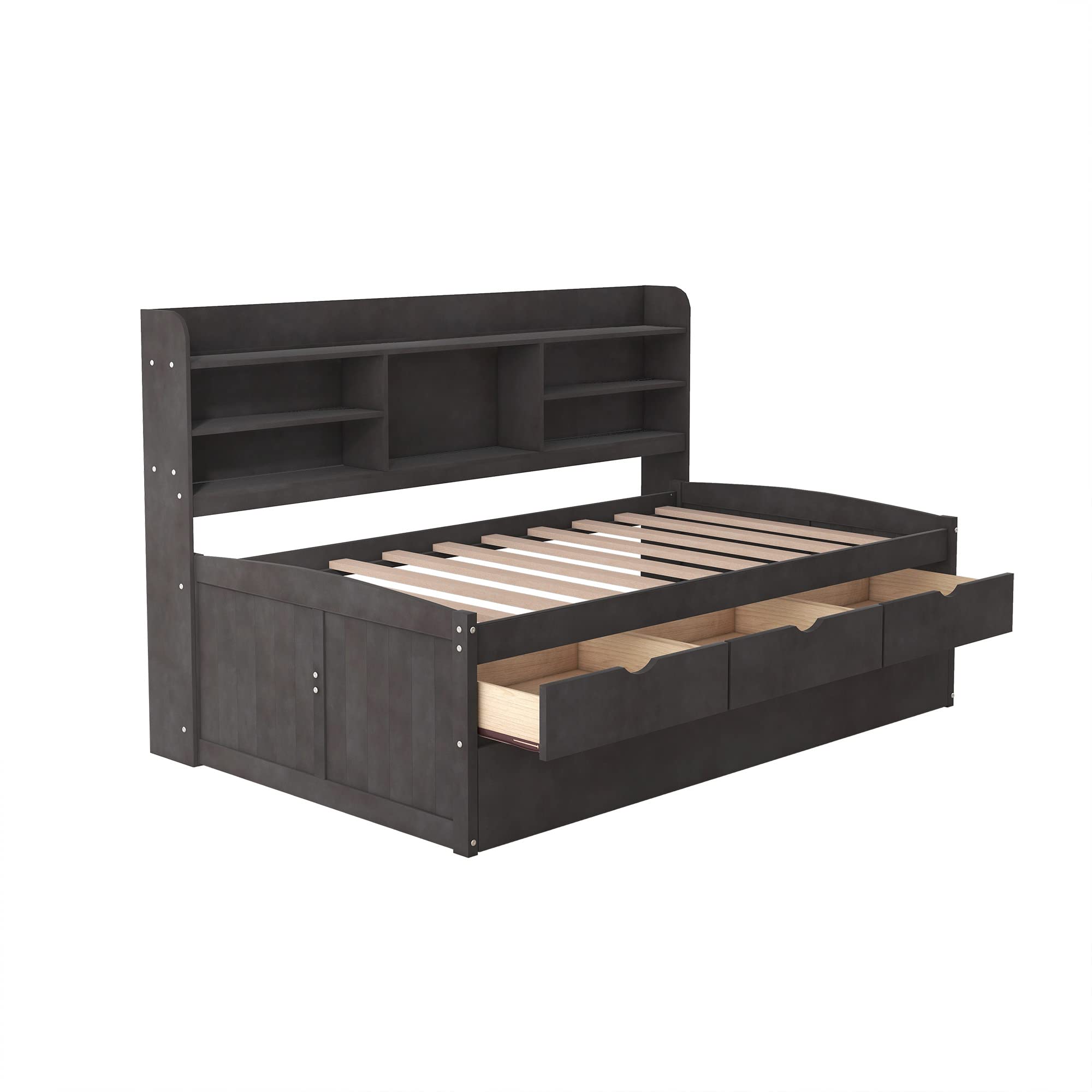【Furniture】Harper & Bright Designs Twin Captain's Bed with Trundle and Three Storage Drawers