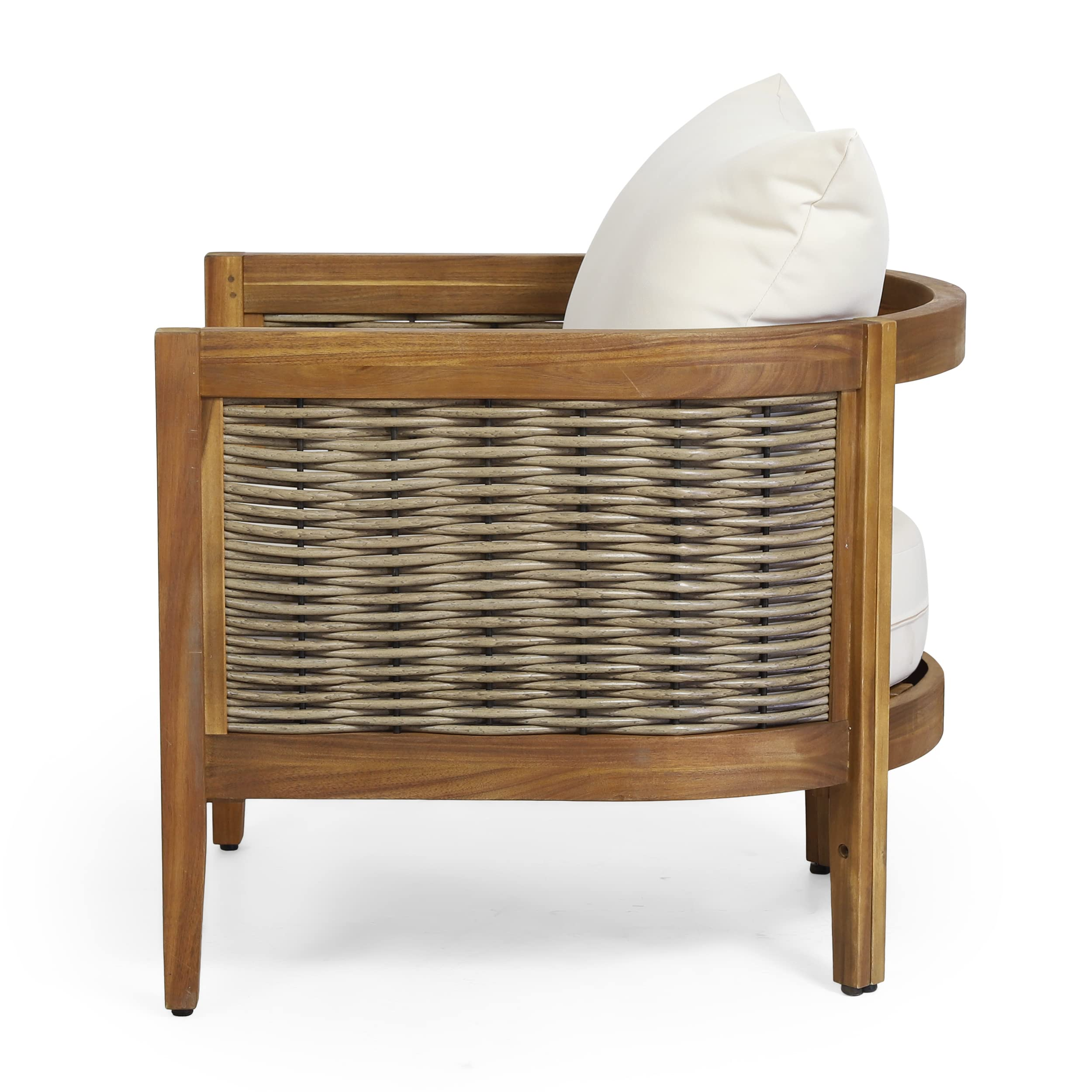 【Furniture】Burchett Outdoor 4 Pcs Chat Set - Acacia Wood and Wicker - Teak/Mixed Brown/Beige