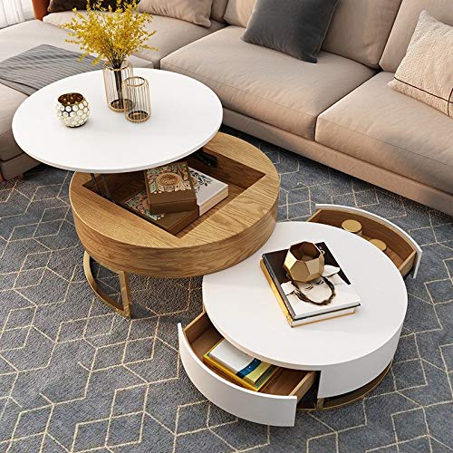 【Furniture】Round Coffee Table White with Storage Lift-Top Wood Coffee Table Lifts up with Rotatable Drawers