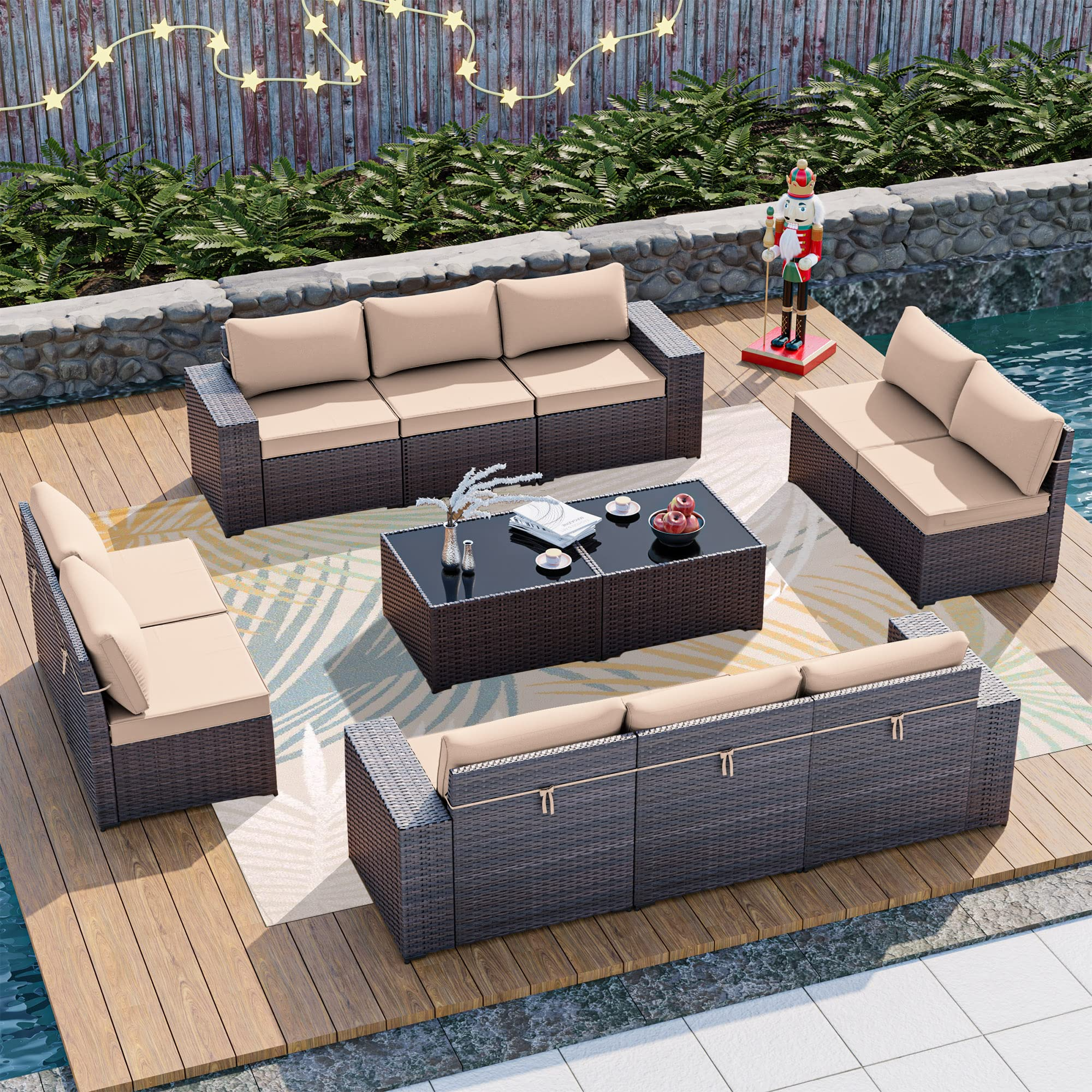 【Furniture】12 Pcs Outdoor Patio Furniture Set Sectional Sofa Sets Brown PE Rattan Patio Conversation Set